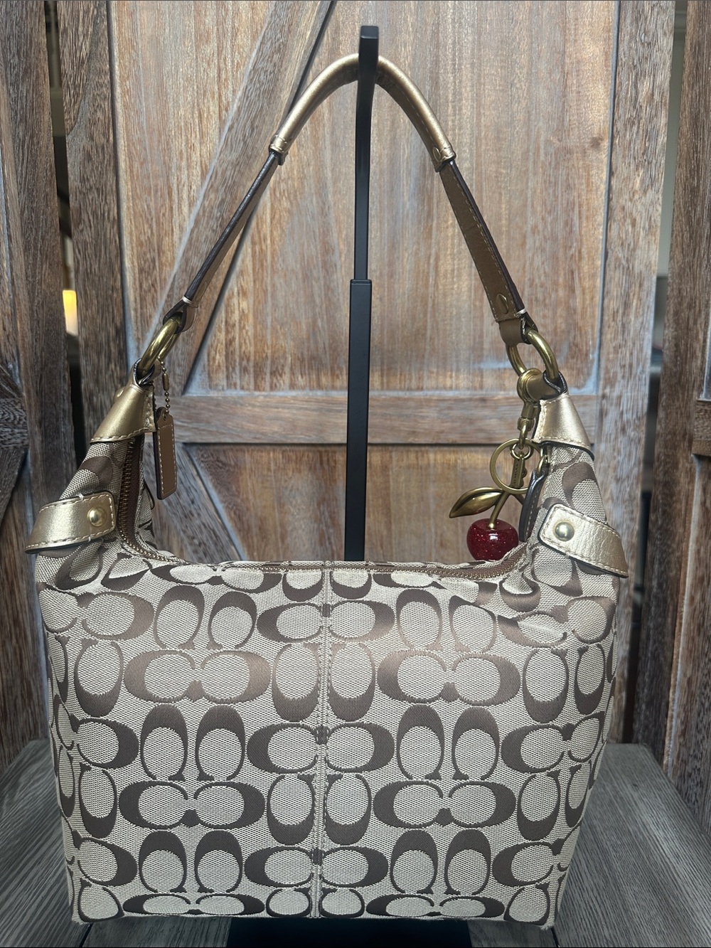 Coach Signature C Penelope Jacquard Logo Gold Leather Trim & Coach Cherry Charm - Picture 4 of 16